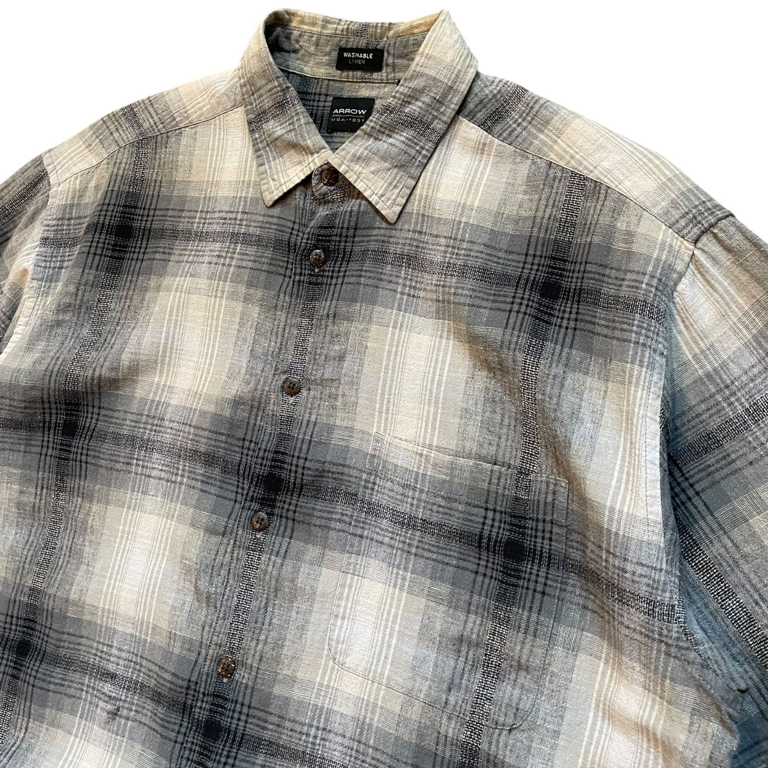 ARROW Ombre Check Linen S/S Shirt 黒白 L アロー 半袖シャツ リネンシャツ オンブレチェック