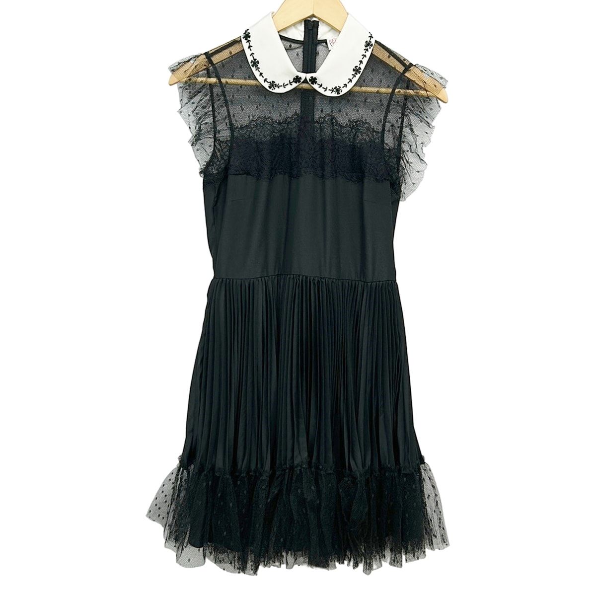 RED VALENTINO(レッドバレンチノ) ワンピース サイズ38 M レディース - 黒 ノースリーブ/ひざ丈/レース/ビーズ/スパンコール/プリーツ