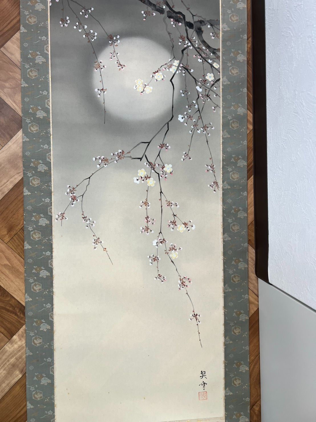 掛軸 月夜桜図 夜桜 月 桜花 日本画 肉筆 掛け軸 在銘 春掛け 花鳥画
