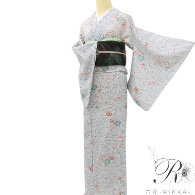 六花-RIKKA- 美品 洗える夏着物 紅型調 トールサイズ 絽 松竹梅 橘 鶴