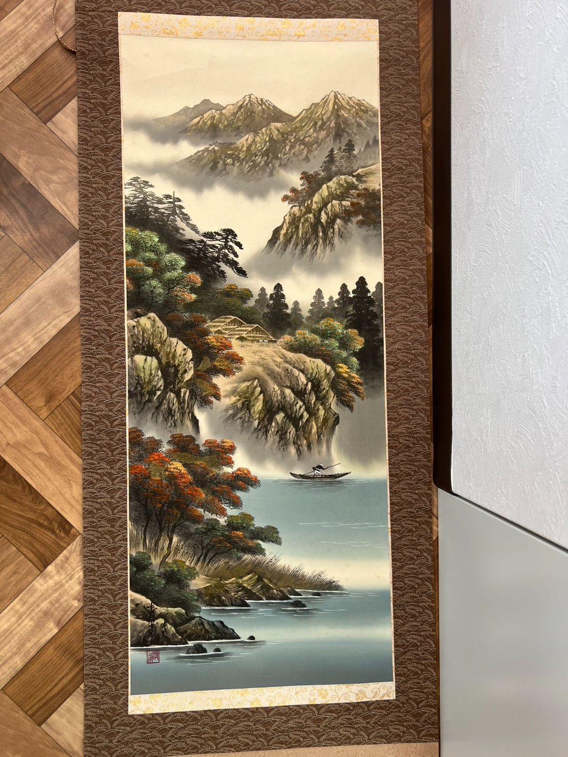 掛軸 彩色山水図 肉筆 掛け軸 山水画 日本画 在銘 古美術 和風