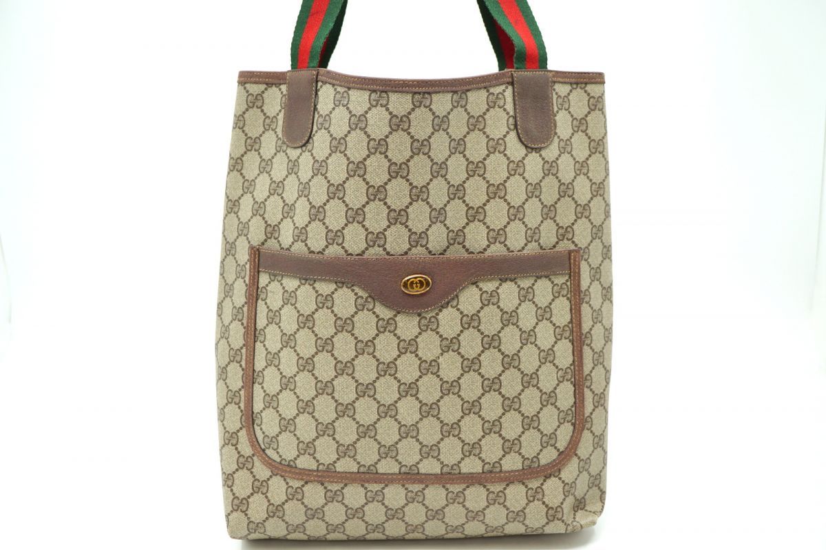 オールド グッチ ヴィンテージ シェリーライン ハンドバッグ トート GGプラス 39 02 003 PVCキャンバス 茶 ブラウン GUCCI 6632h