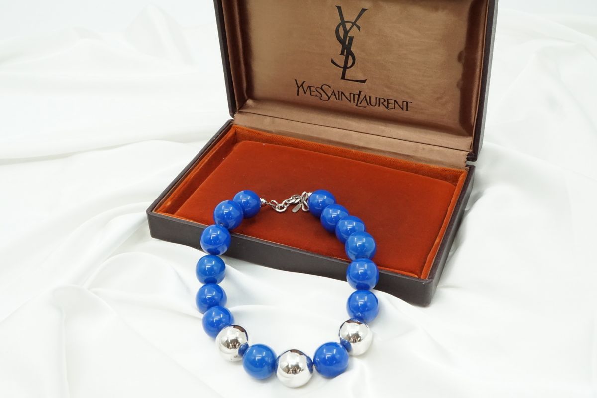 イヴ サンローラン ヴィンテージ ビーズ ネックレス アクセサリー YSL 青 ブルー シルバー Yves Saint Laurent 6635j