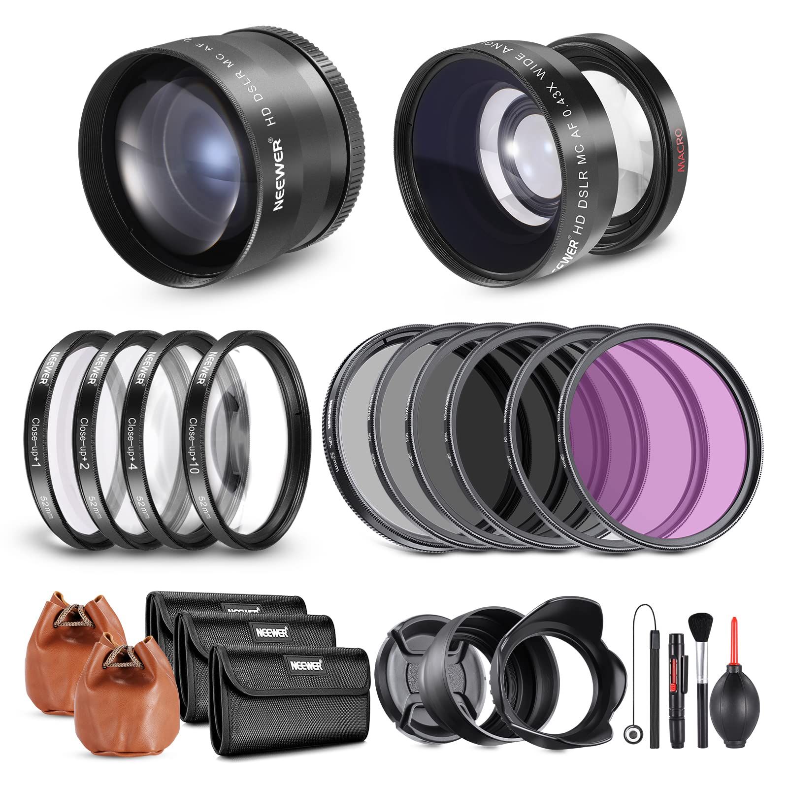 新品 NEEWER 52mmレンズとフィルターセット : 広角/2.2x望遠追加レンズ 18mm-85mm APS-Cレンズ用 (+1+2+4+10)クローズアップマクロ/ND/UV/CPL/FLDフィルター ?52mmスレッド付きカメラレンズに適用