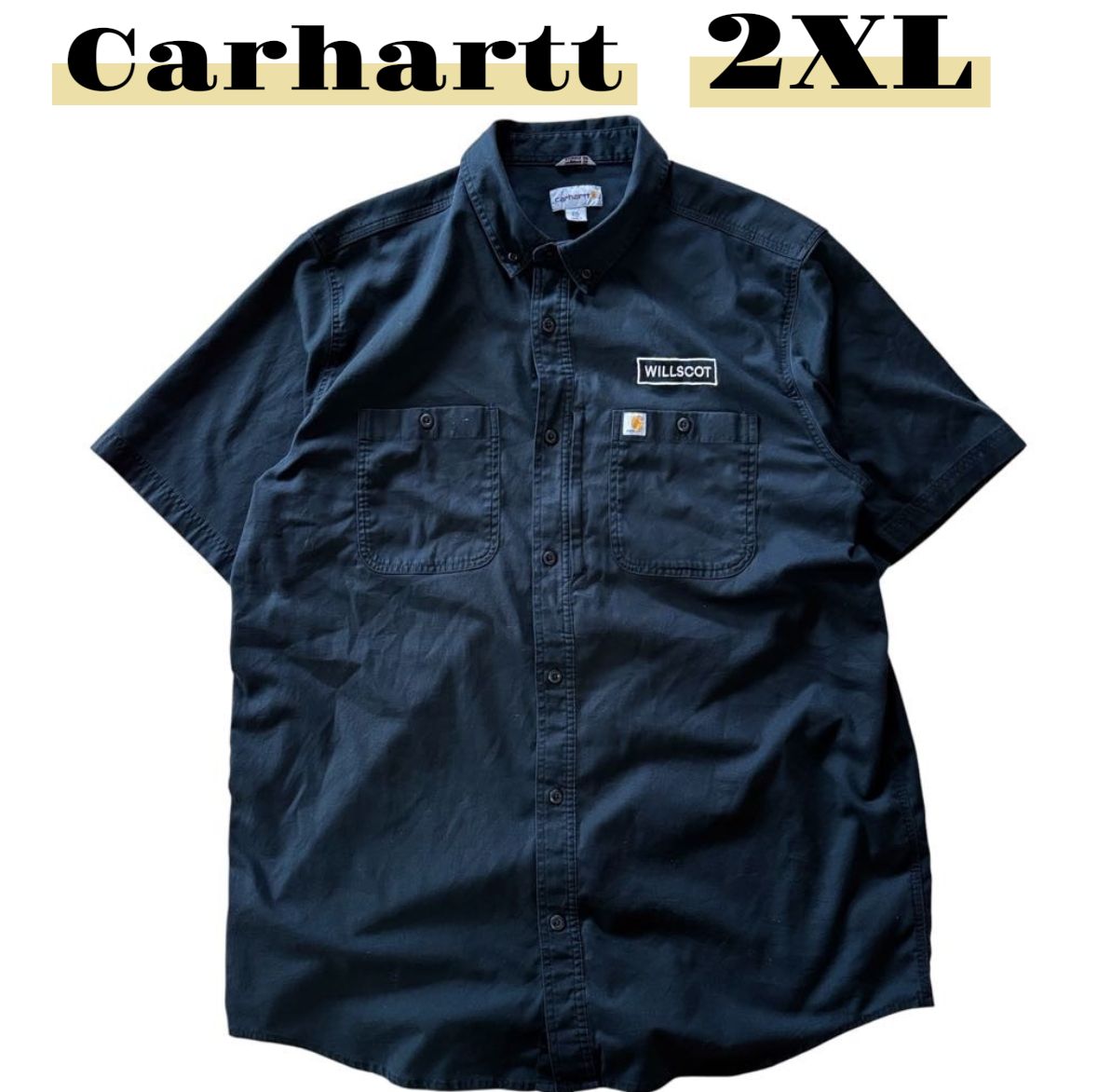 usa古着 Carhartt 半袖ボタンシャツ 2XL ブラック ロゴワンポイント 無地