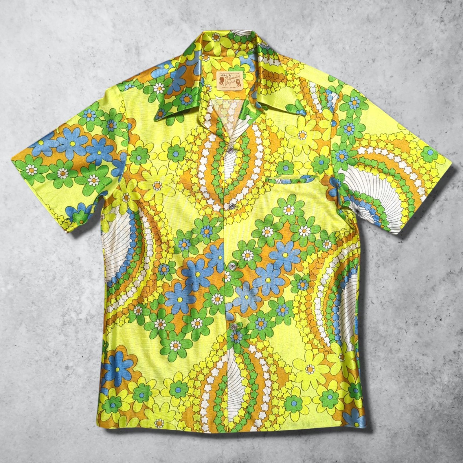 70s 古銭ボタン ヒッピー アロハシャツ 花柄 サイケデリック フラワーパワー USA製 ハワイ製 ビタミンカラー Polynesian Bazaar