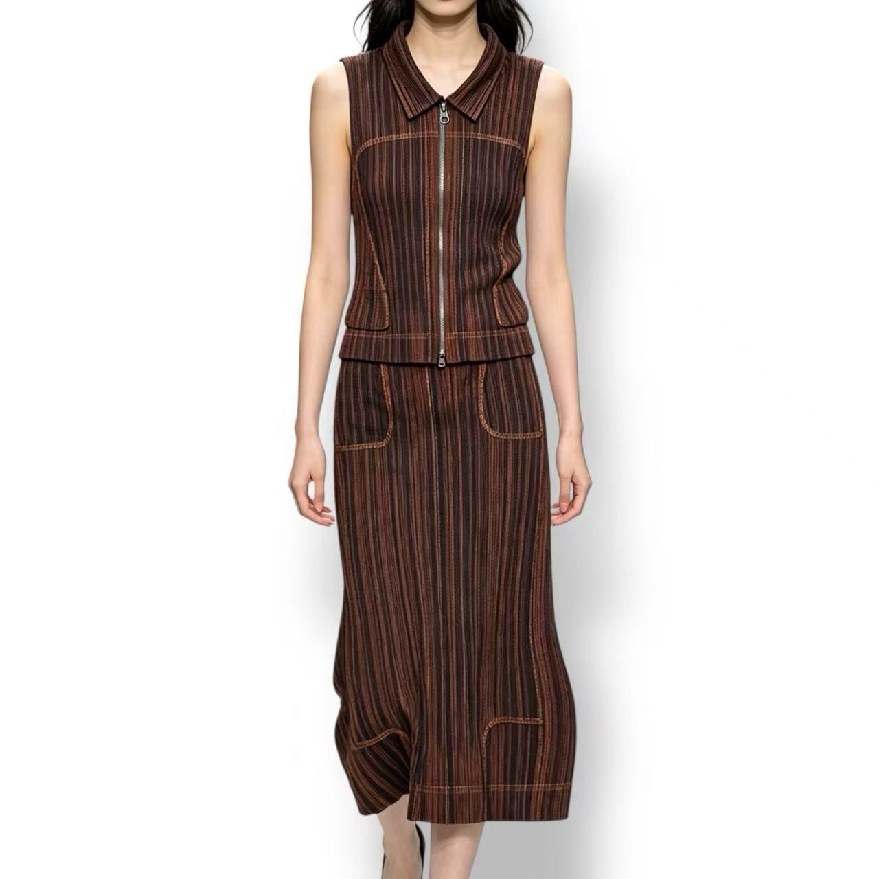 新品同様 ISSEY MIYAKE イッセイミヤケ PLEATS PLEASE プリーツプリーズ セットアップ ジップアップベスト スカート カウガール ブラウン サイズ4