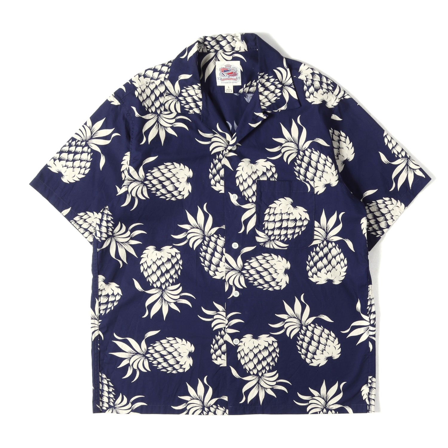 SUN SURF サンサーフ シャツ ネイビー 紺 サイズ:L | Duke Kahanamoku実名復刻 パイナップル柄 コットン アロハシャツ (DUKES PINEAPPLE) | トップス ハワイアンシャツ | USA製【メンズ】【中古】