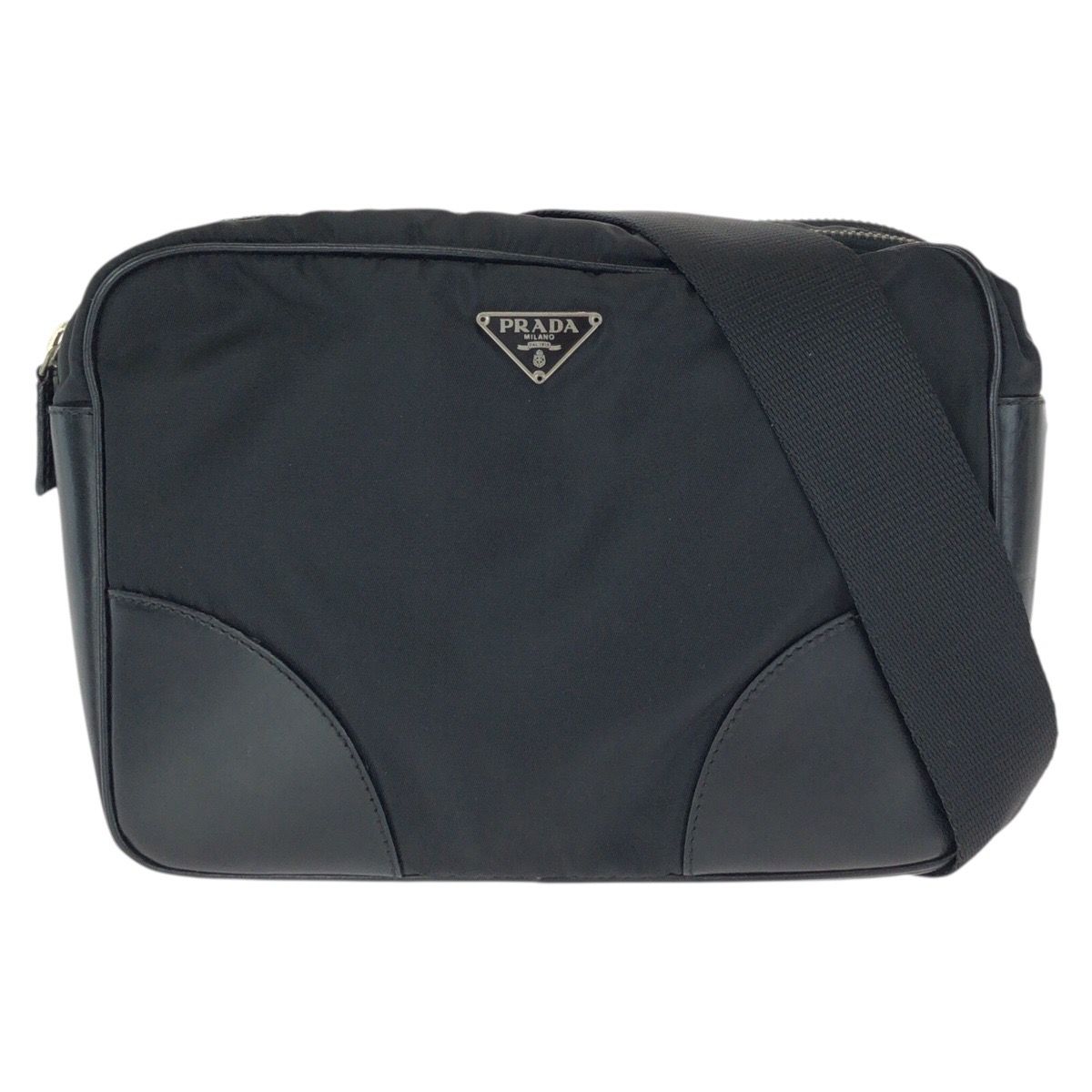 美品 PRADA プラダ テスート 三角ロゴプレート ブラック 黒 シルバー 