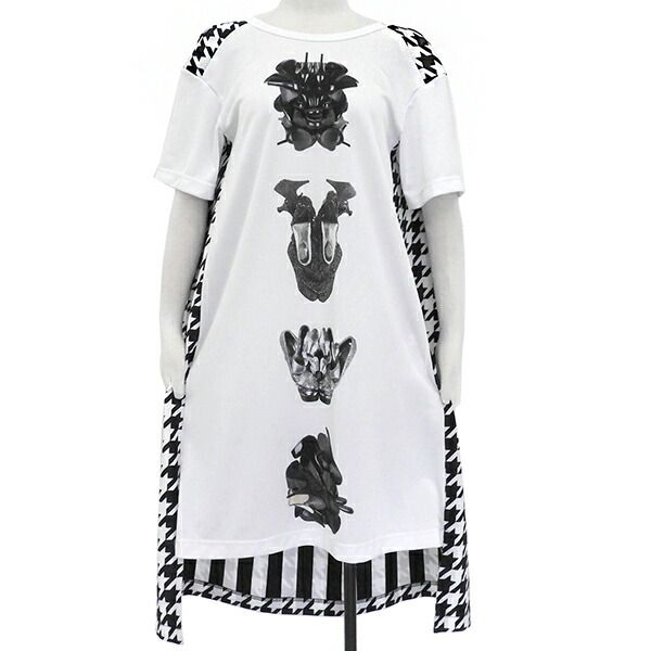 COMME des GARCONS コムデギャルソン PH-T008 AD2021 サイズS ポリエステル ハウンドトゥース ビッグシルエット 半袖 ワンピース レディース ホワイト ブラック ECO0069 【中古】