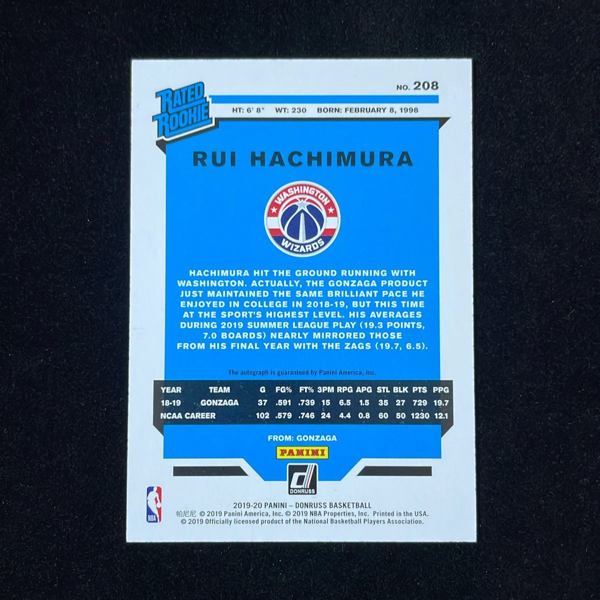 八村塁 Hachimura Rui Panini Donruss Rated Rookie 2019-20 RC