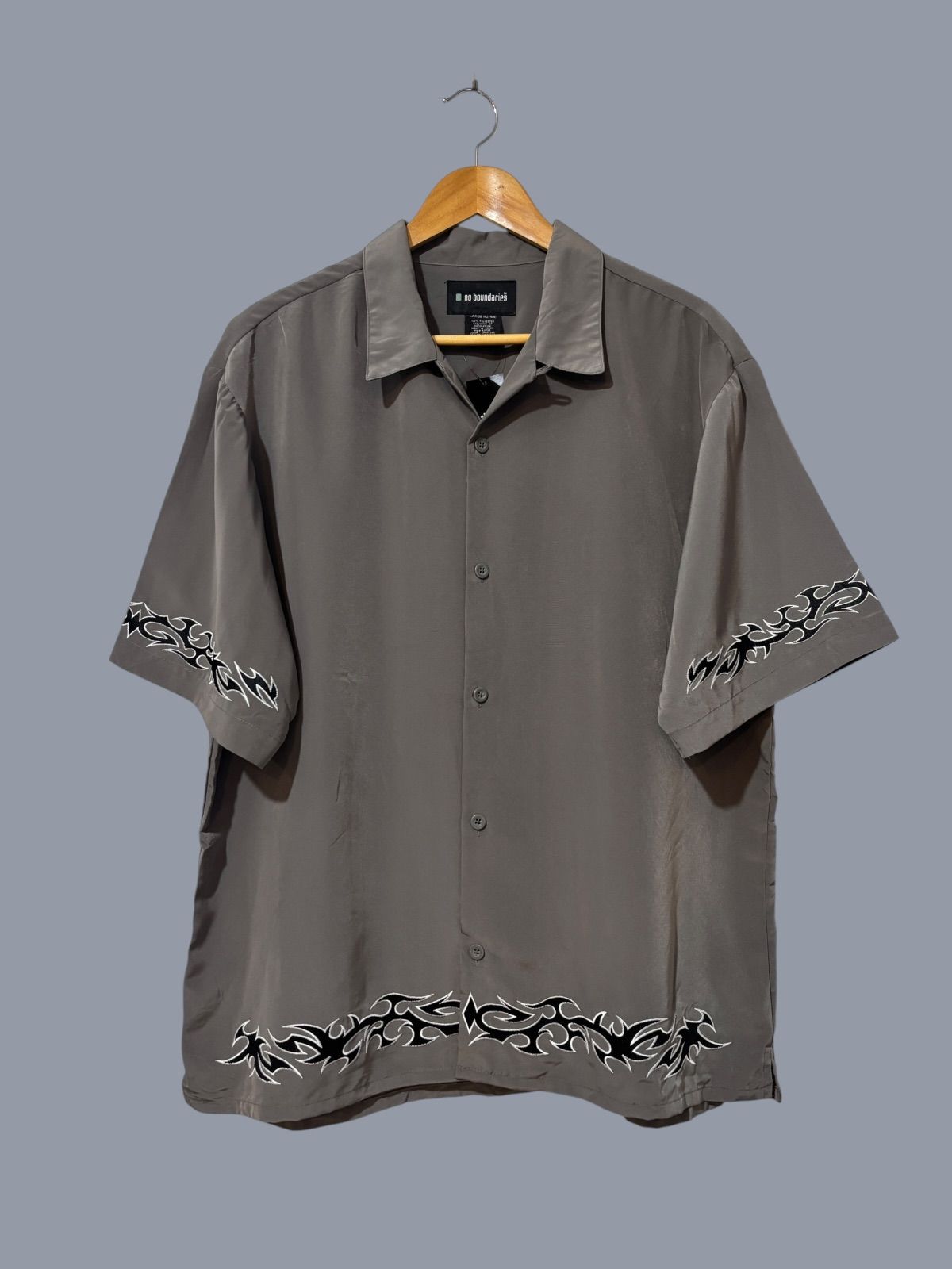 00s No Boundaries Tribal Pattern Open-Collar Shirts L ノーバウンダリーズ 開襟シャツ トライバル柄 チャコールグレー 古着