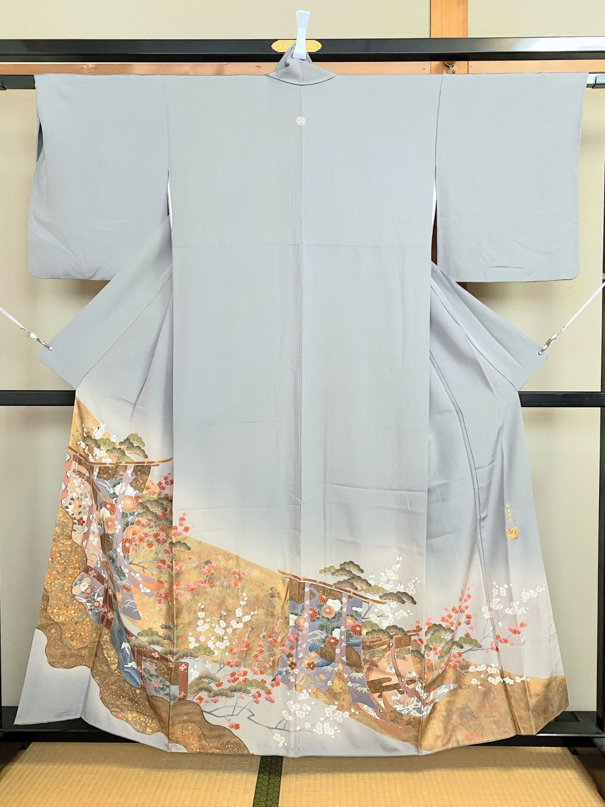 29B【アンティーク着物】訪問着 袷（あわせ）グレー系 裾模様 友禅風