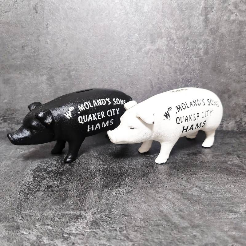 Cast Iron Pig Coin Bank Detail Hams Standing Piggy Bank Black White Set of 2 ディテール ハムズスタンディングピッグバンク 豚型 鋳鉄製 貯金箱 黒白2点セット