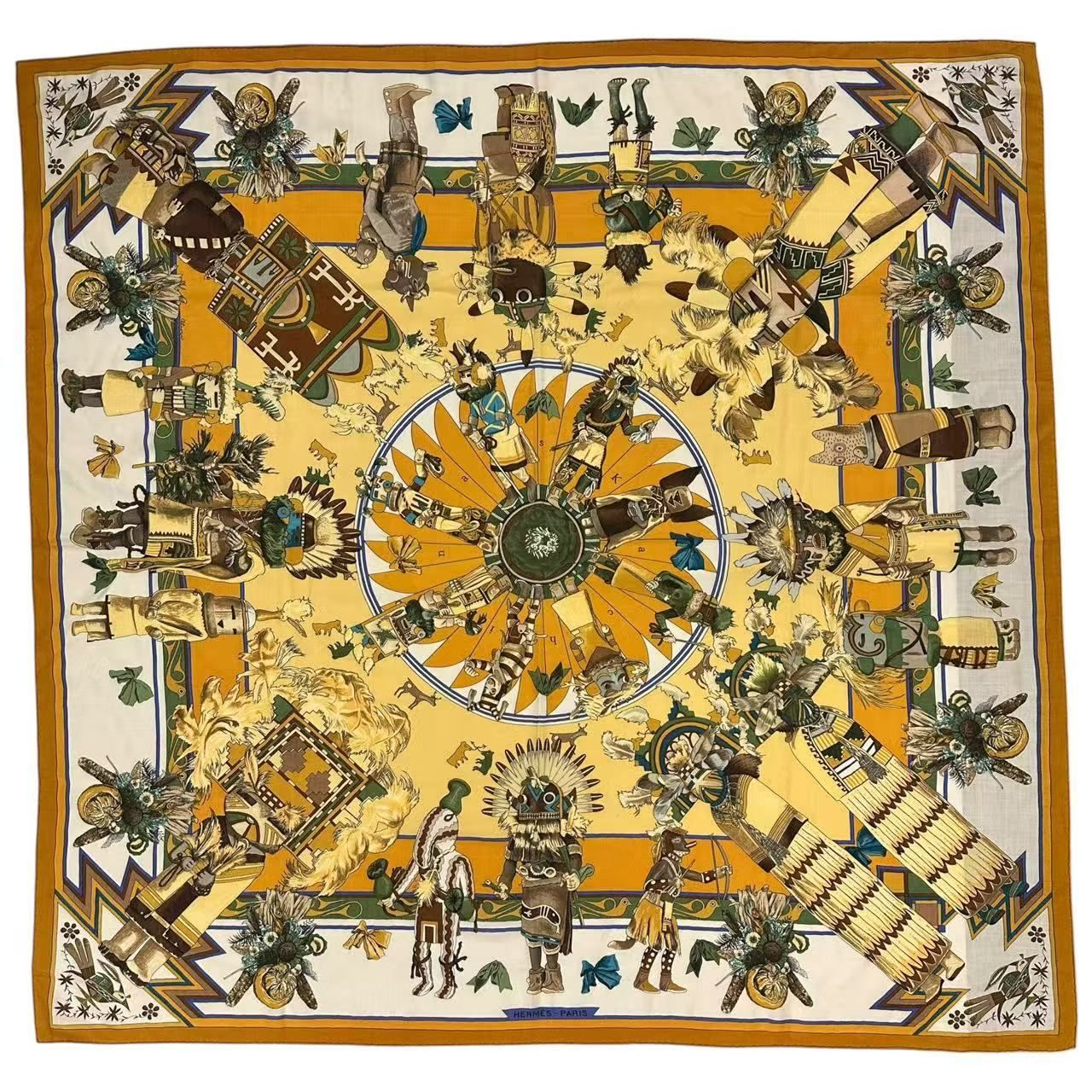 極美品 HERMES エルメス スカーフ カレ140 大判 Kachinas カチナ カシミヤ イエロー