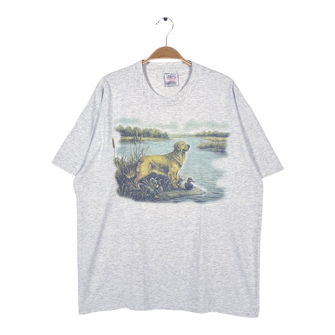 90s ゴールデンリトリバー USA製 ヴィンテージ Tシャツ カモ アニマルプリント シングルステッチ オニータ グレー サイズXL 古着 BZ0590