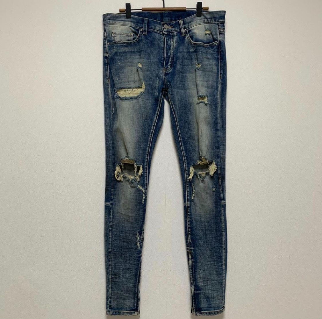 mnml ミニマル クラッシュ加工 裾ジップ スキニーデニムパンツ 32インチ 汚れ加工 ダメージ加工 ストレッチ スリム タイト ジーパン ジーンズ