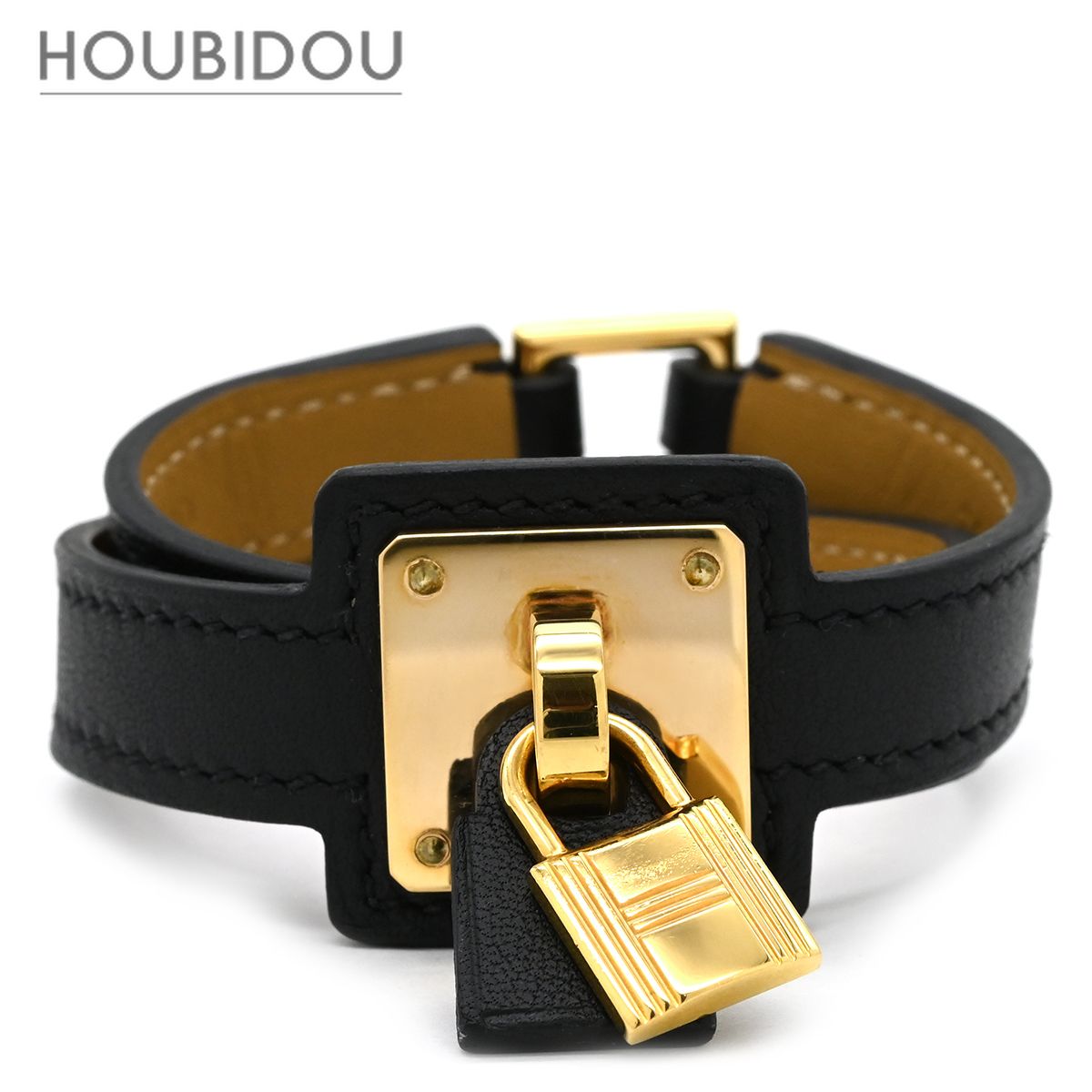 エルメス HERMES ブレスレット オーケリー スイフト GP ブラック×ゴールド T2 黒 2重 2連 レザーブレス カデナモチーフ Y【中古】