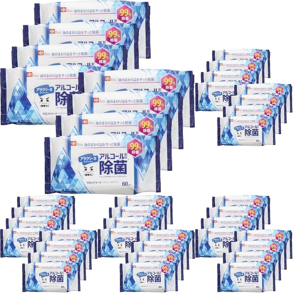 新品 レック アラクリーネ アルコール配合 99%除菌 ウェットシート 60枚入×8個 【激落ちくん】/ 日本製/身のまわり品をサッと除菌/手指の汚れ落としにも / (× 5)