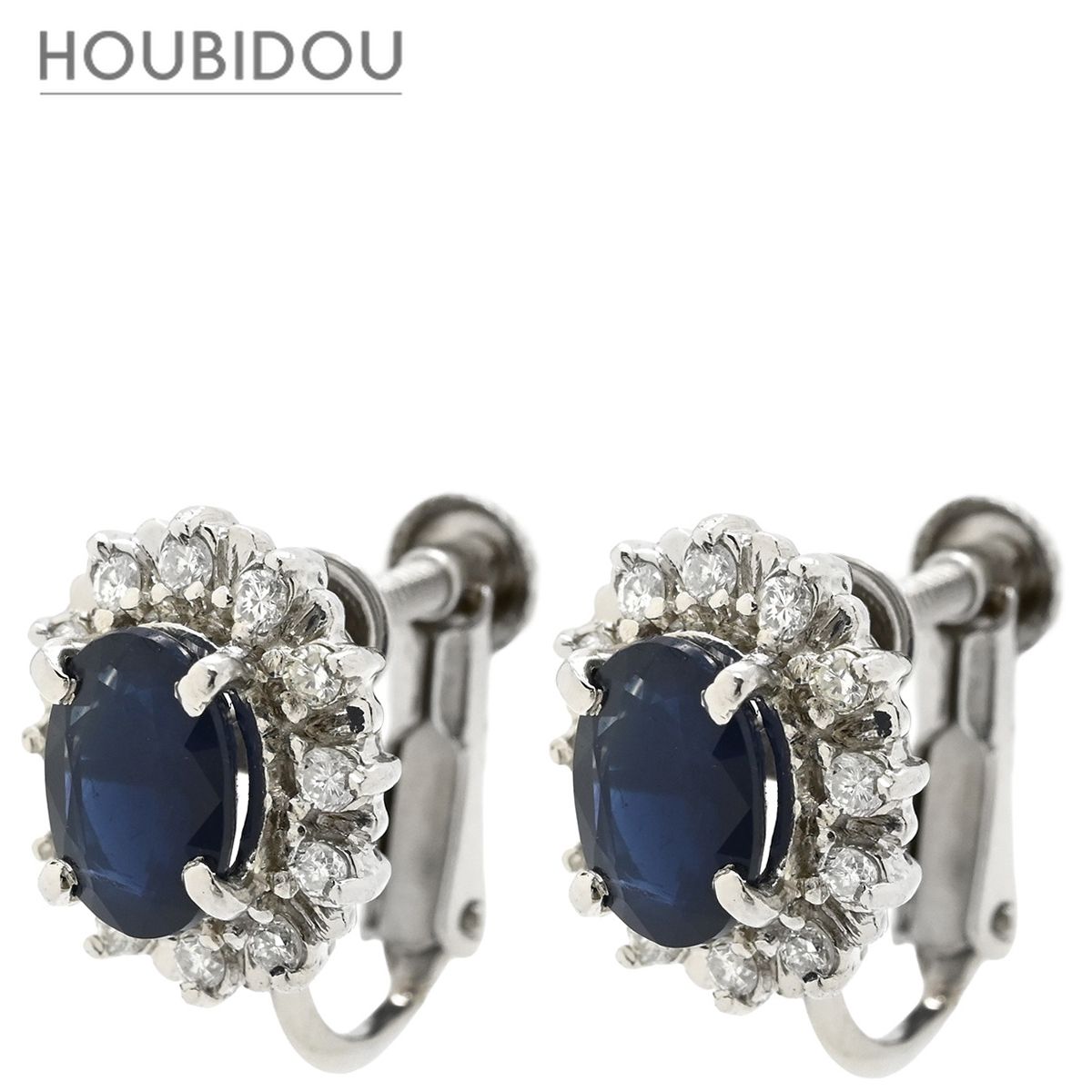 イヤリング サファイア ダイヤ プラチナシルバー オーバルカット Pt900 プラチナム ヘイローデザイン 【中古】