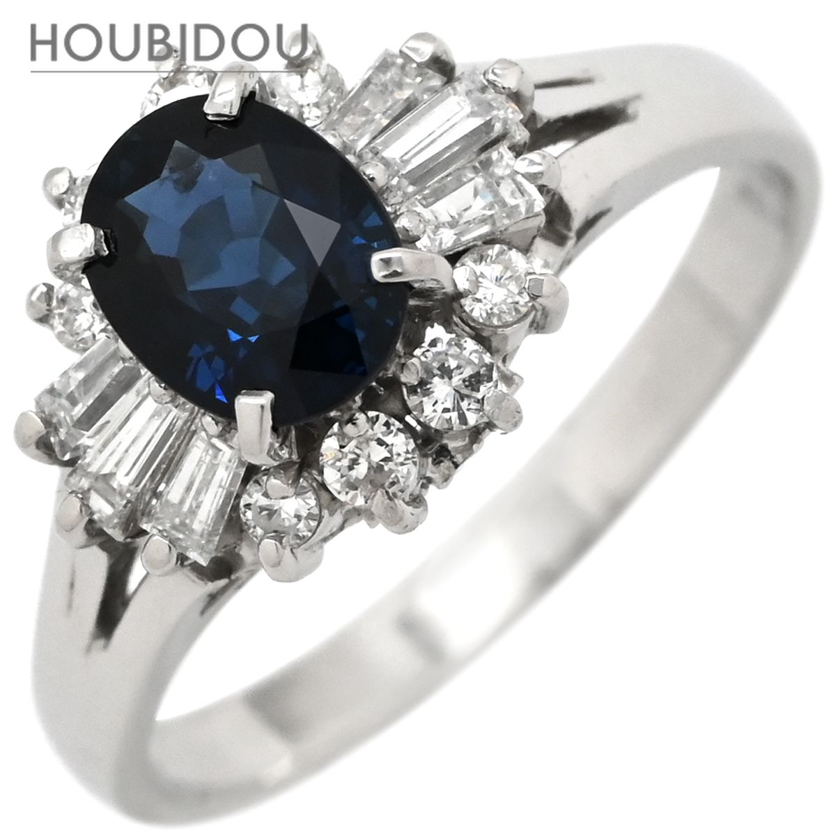 リング 指輪 サファイア 1.05 ct ダイヤ 0.38ct ブルー×プラチナシルバー 青 プラチナ Pt900 オーバルカット ヘイローデザイン 14号【中古】