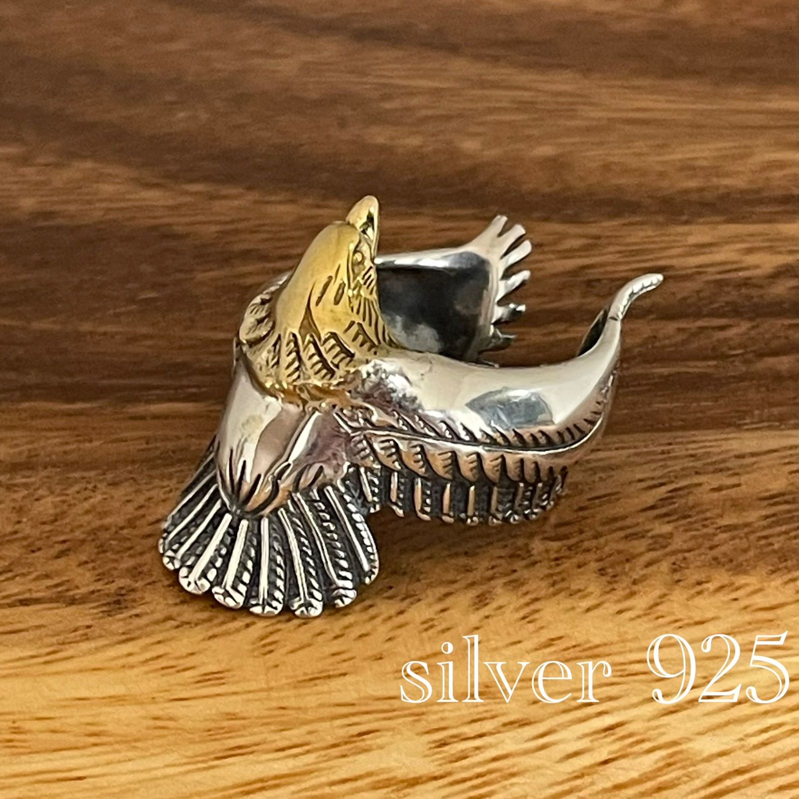 【Sterling 925】イーグル 鷹頭 ワイドリング シルバー×ゴールドコンビ フリーサイズ メンズ バイカー ネイティブ ヴィンテージ
