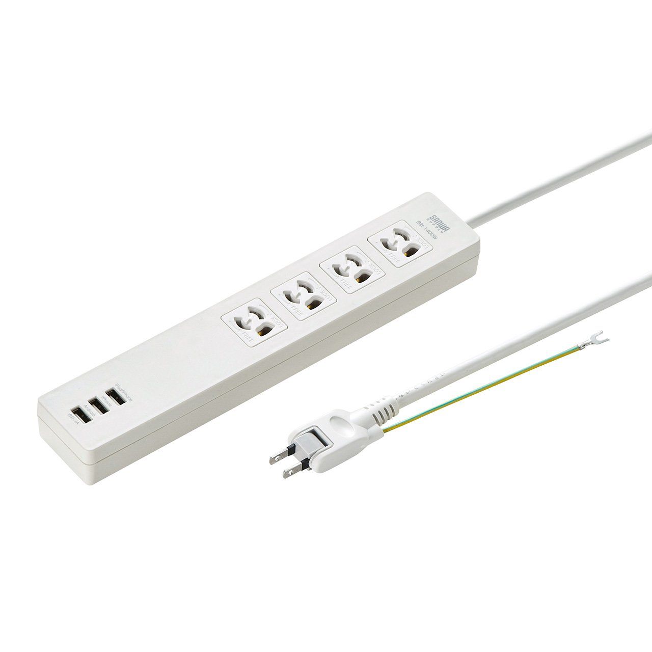 サンワサプライ USB充電機能付きタップ 3P・4個口 USB A×3ポート(合計出力3A) 裏面マグネット付き 2m TAP-F37U-2