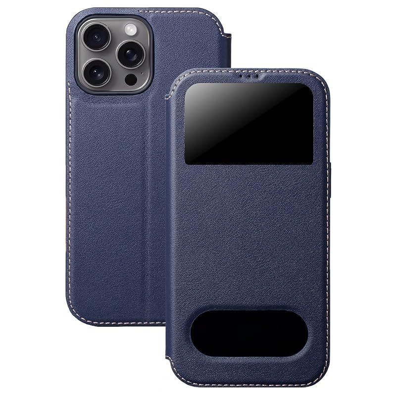 【新品】 iPhone16 Pro 対応 ケース 本革 手帳型 窓付き 薄型 スマホカバー スタンド機能 ストラップホール付き シンプル マグネット式 ビズネス風 耐衝撃 TPU 保護ケース(ネイビー)