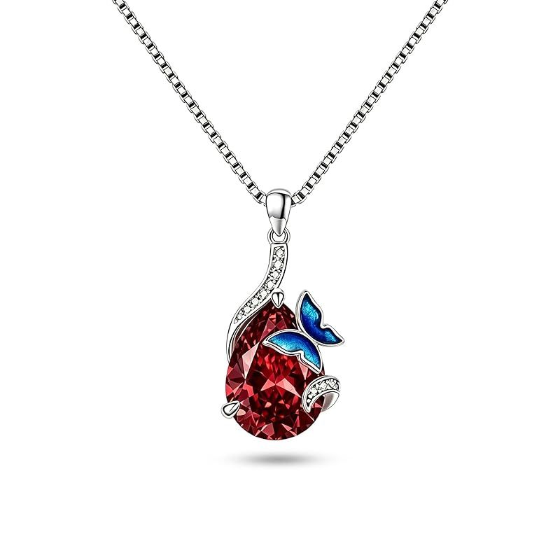 [StoryMidir] 誕生石 ネックレス レディース シルバー 金属アレルギー対応 大粒 7月 ペンダント 赤 蝶 雫 バタフライ プラチナ仕上げ S925 アクセサリー 首飾り 誕生日 母の日 クリスマス ホワイトデー 成人の日 プレゼント 贈り物 おし