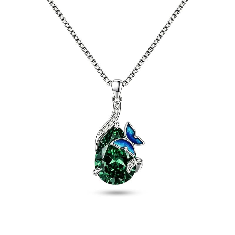 [StoryMidir] 誕生石 ネックレス レディース シルバー 金属アレルギー対応 大粒 5月 ペンダント 緑 蝶 雫 バタフライ プラチナ仕上げ S925 アクセサリー 首飾り 誕生日 母の日 クリスマス ホワイトデー 成人の日 プレゼント 贈り物 おし