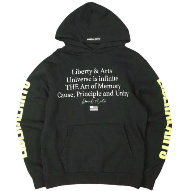 LIBERAL ARTS リベラルアーツ PRINTED HOODIE 裏起毛 スウェットプルオーバーパーカー S BLACK/YELLOW 星条旗 袖ロゴ CREW トップス g26755