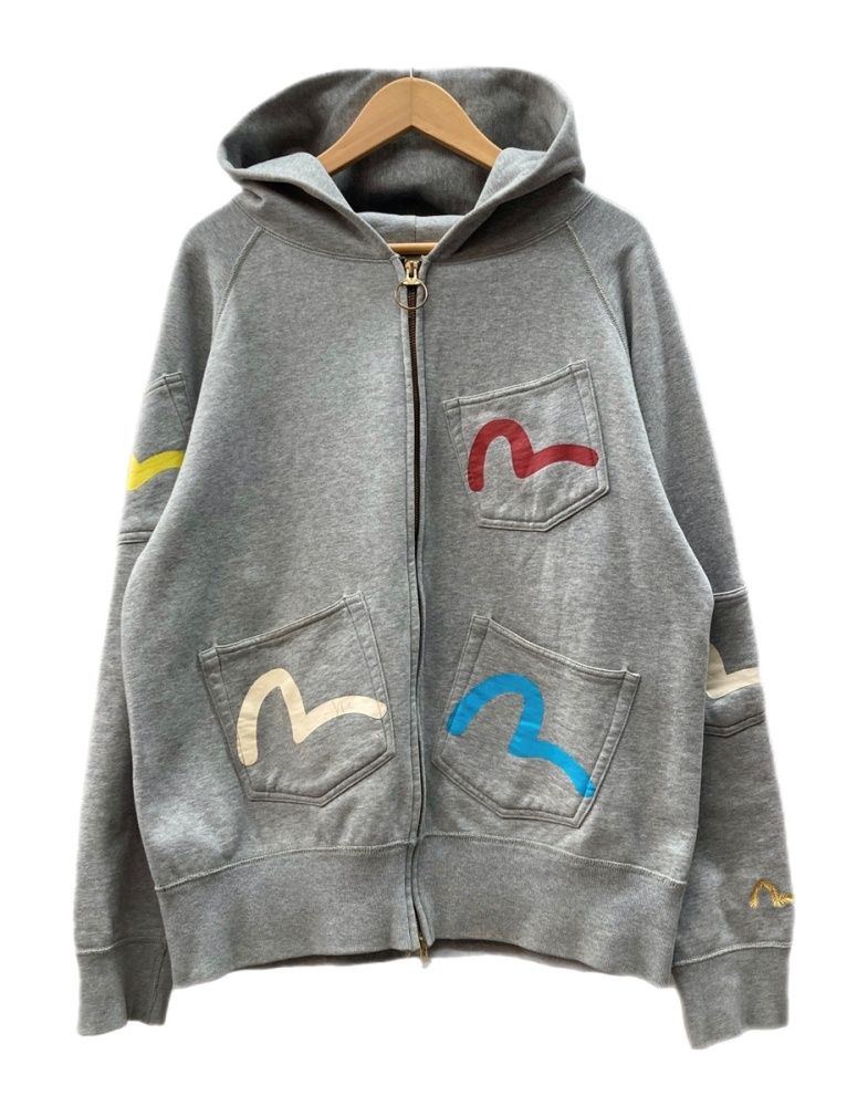 エヴィス EVISU Multi Pocket ZipUp Parka マルチ ポケット ジップアップ パーカー カモメ フーディー 裏起毛 灰 サイズ40 パーカ ロゴ グレー 104MT-3232