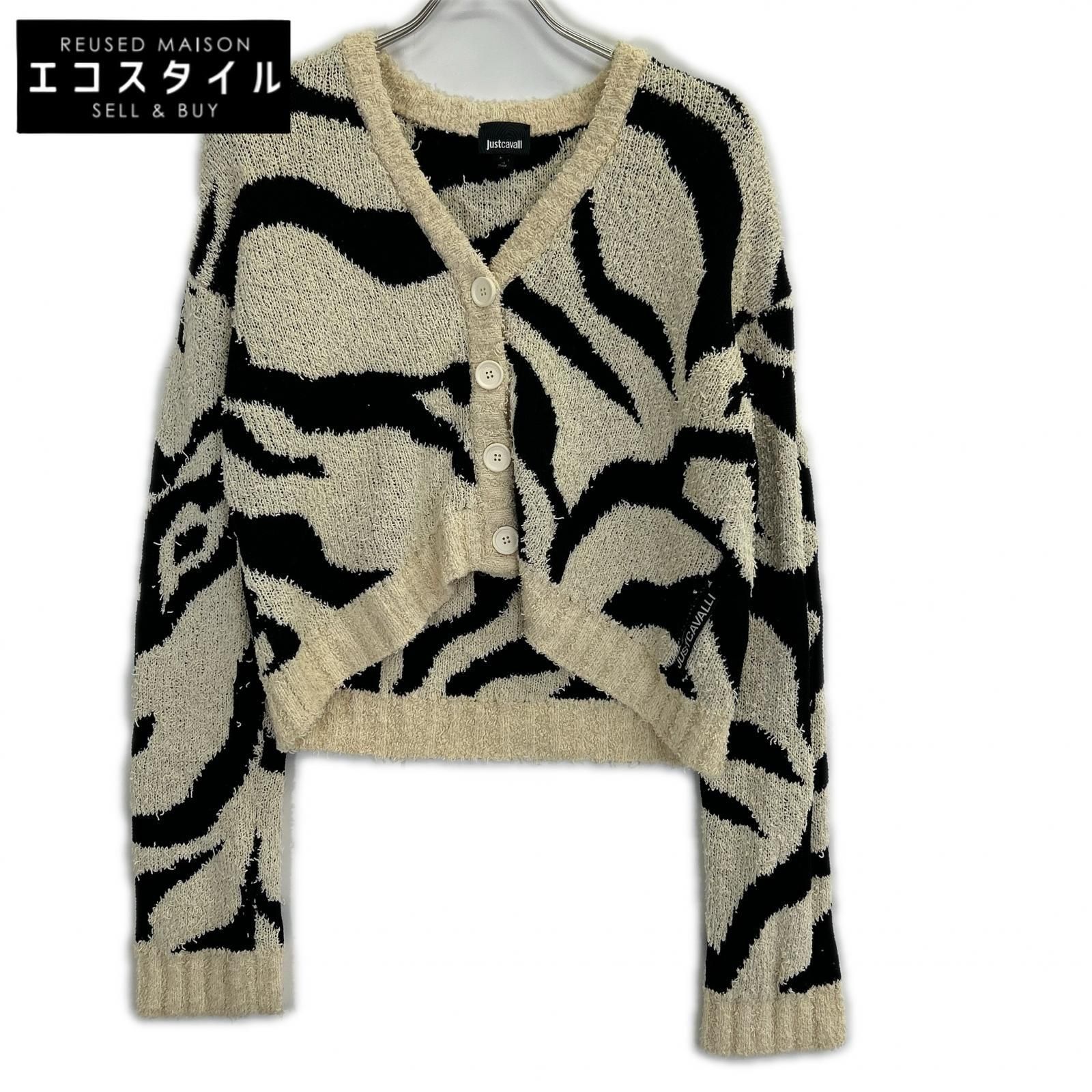 Just Cavalli　ジャストカヴァリ　ベージュ×ブラック コットン混 ゼブラ柄 クロップドニットカーディガン　L