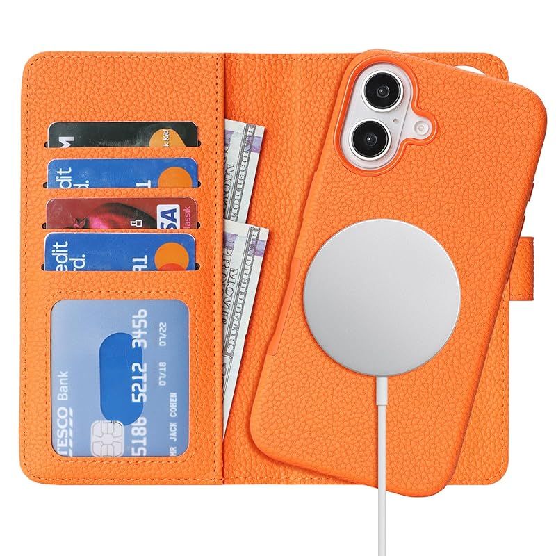 【新品】 Ｈａｖａｙａ iPhone 16 ケース Magsafe 対応 あいふおん16ケース 手帳型 マグセーフ 耐衝撃 【分離式2in1】 ワイヤレス充電対応 カード収納 フェイクレザー（6.1インチ対応） -オレンジ