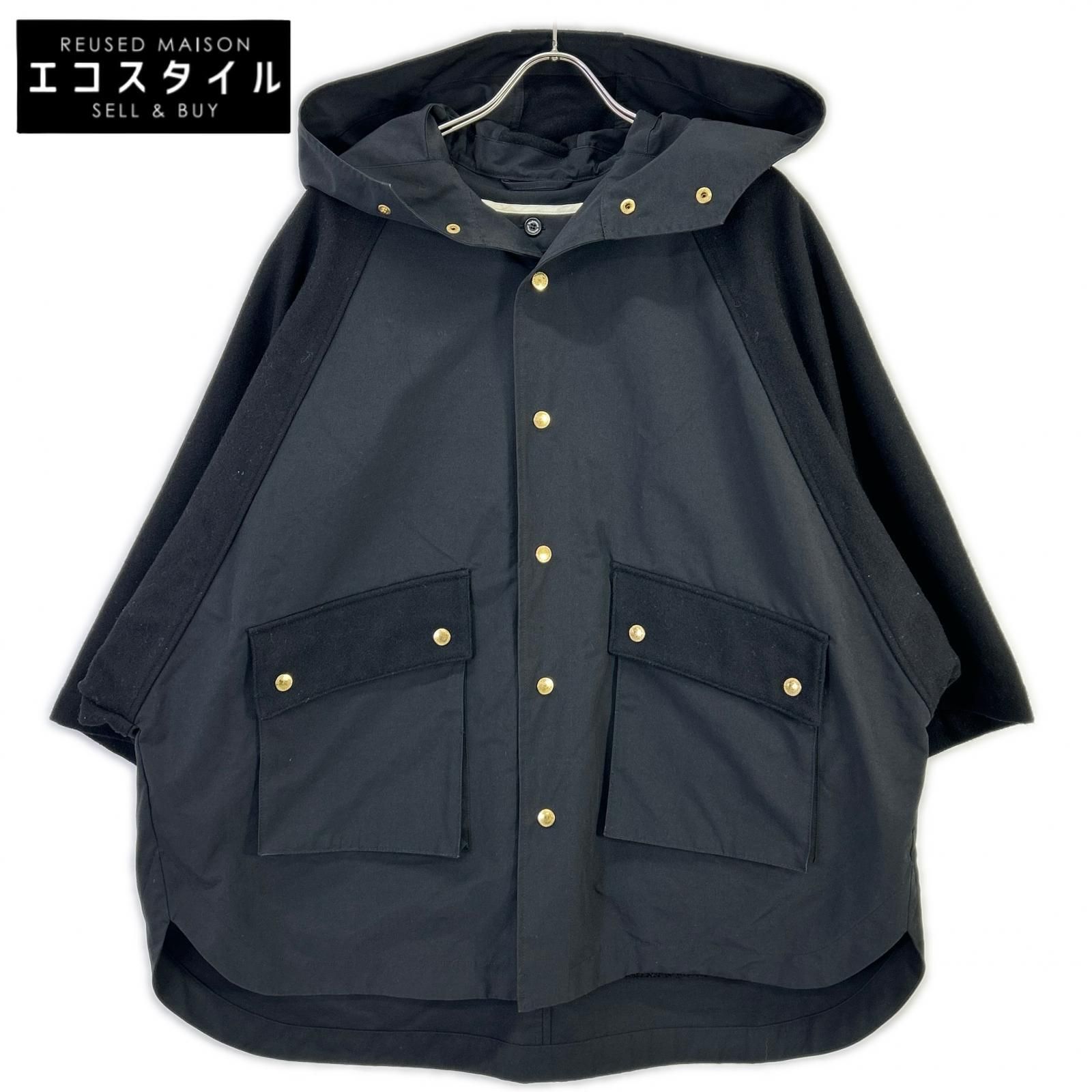 TRADITIONAL WEATHERWEAR トラディショナルウェザーウェア ブラック ウール×ナイロン ライナー付き ケープコート 32