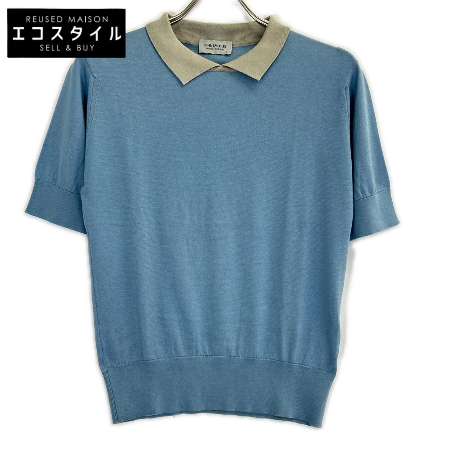 JOHN SMEDLEY　ジョンスメドレー　ブルー×ベージュ アイランドコットン クレリック ツートーンニットポロシャツ　S