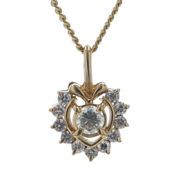 K18YG イエローゴールド ネックレス ダイヤモンド 0.1ct/0.09ct ハート 取り巻き デザイン 40cm【新品仕上済】【zz】【中古】