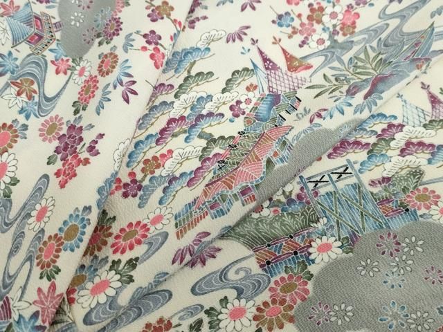 平和屋着物▽上質な小紋　単衣　雲取り流水風景草花文　正絹　逸品　DABD9622ud