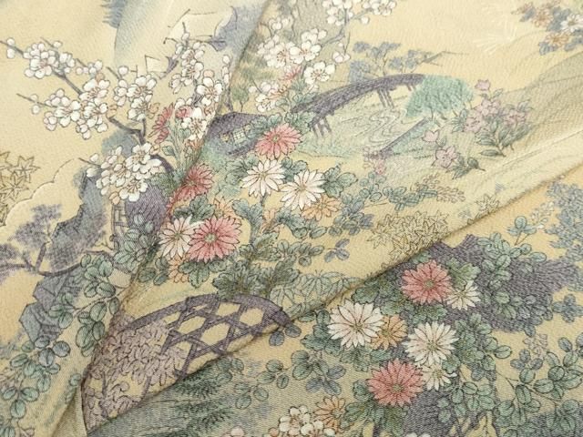 平和屋着物▽上質な小紋 単衣 流水風景草花文 鬼しぼ縮緬 正絹 逸品 DABD9635ud