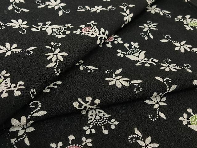 平和屋着物▽上質な小紋　単衣　草花文　黒地　正絹　逸品　AABH9894jh