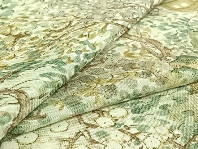 平和屋着物▽上質な小紋　単衣　紬地　手描き　風景花文　正絹　逸品　AABI2108jh