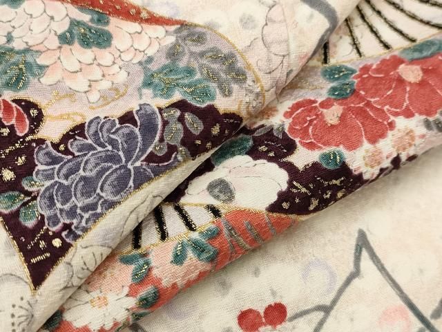 平和屋着物▽上質な小紋　単衣　扇枝花文　暈し染め　金彩　正絹　逸品　AABI0150st