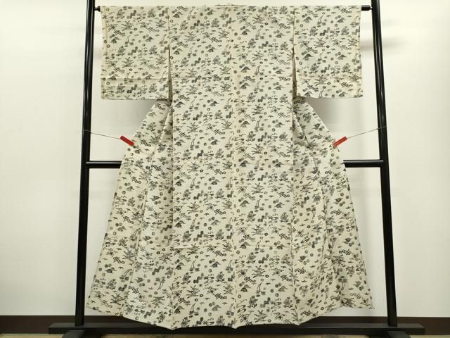 平和屋着物▽上質な小紋 単衣 型染め 吉祥枝花文 三越扱い 正絹 逸品