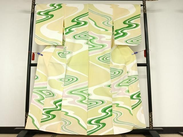 平和屋着物▽上質な小紋　単衣　流水文　正絹　逸品　AABI4580jh