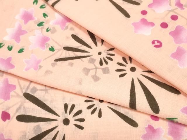 平和屋着物＊夏物　竺仙鑑製　浴衣　反物　着尺　扇面花文　証紙付き　綿　逸品　未使用　DABD8003zzz