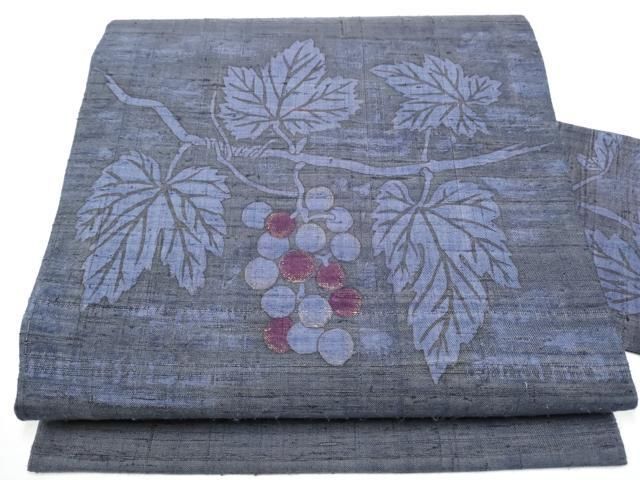 平和屋着物●九寸名古屋帯　手描き　紬地　葡萄蔦の葉文　金彩　正絹　逸品　CABG6114hy