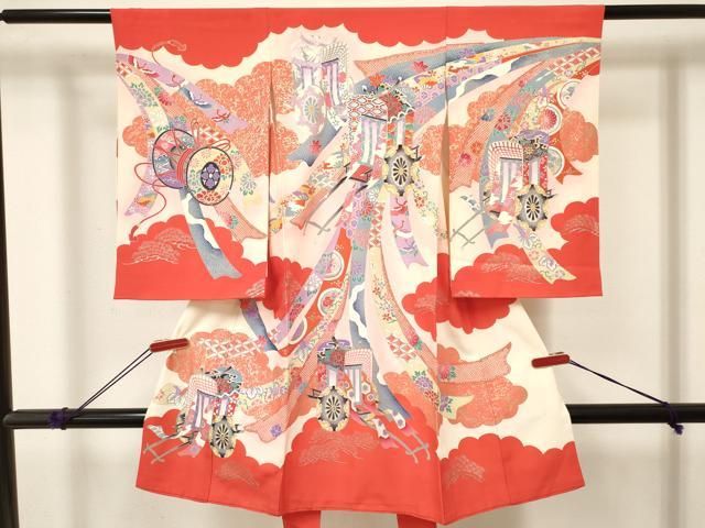 平和屋着物[]お宮参り　女の子　祝着　産着　初着　のしめ　熨斗御所車花文　暈し染め　金銀彩　逸品　DABE7141ma