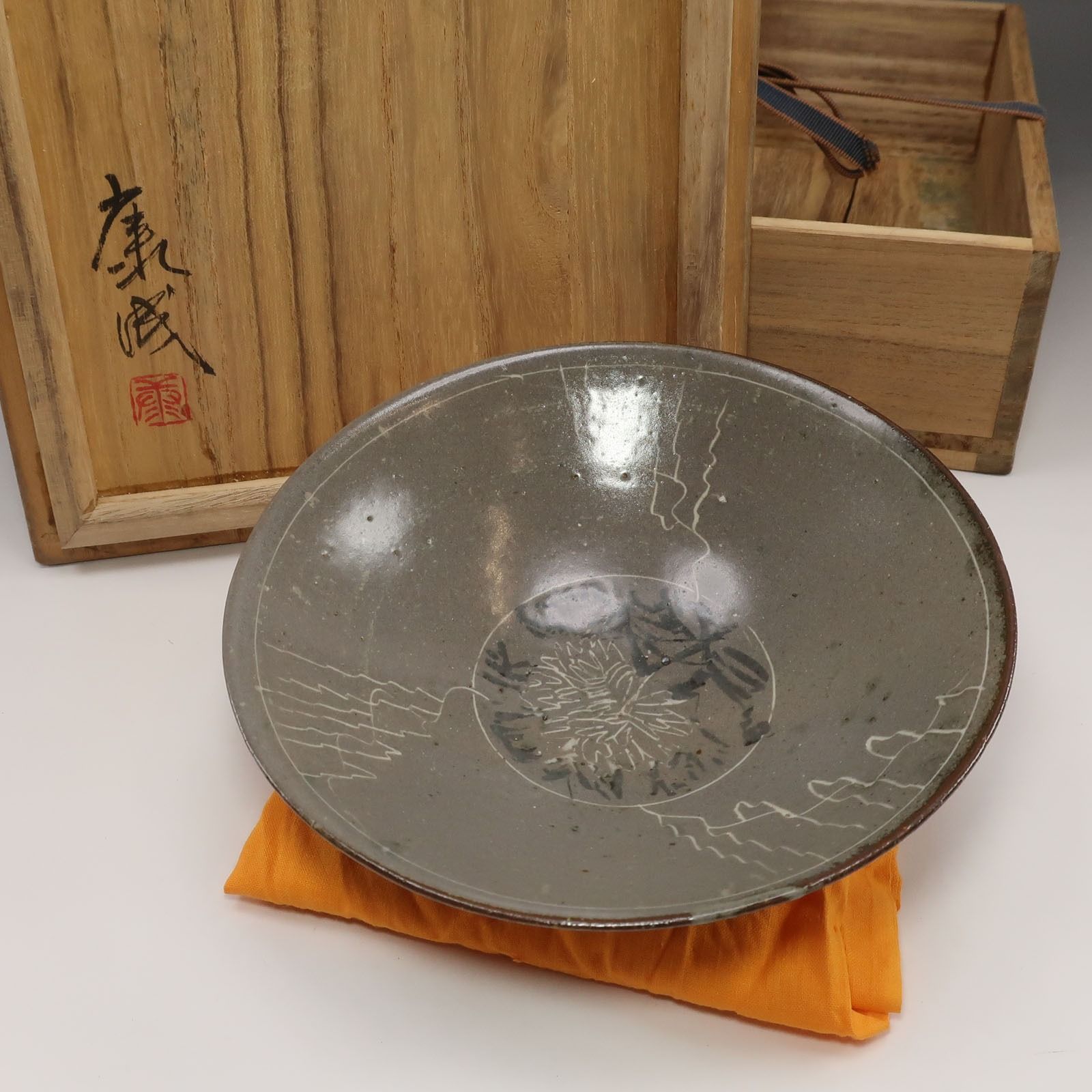 【 人間国宝 松井康成 】 造 白黒象嵌茶碗 陶磁器 _ 骨董品