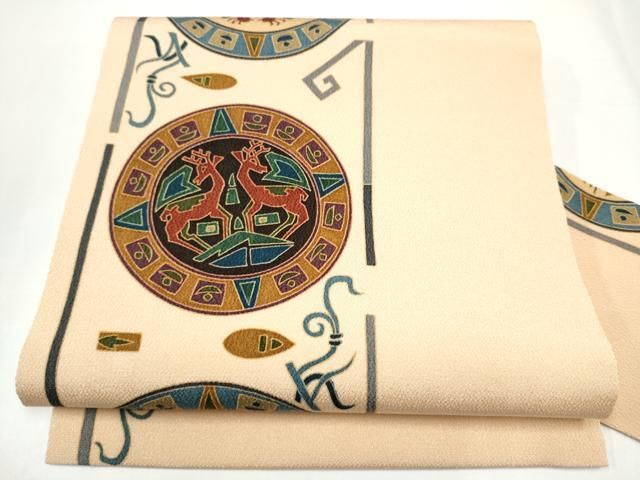 平和屋着物●全通柄　九寸名古屋帯　型染め　絵皿葡萄蔦の葉文　鬼しぼ縮緬　正絹　逸品　CABH5108hy