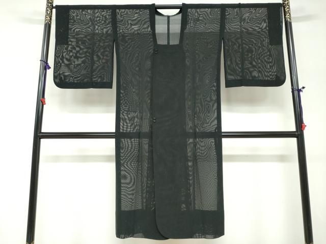 平和屋着物▽道行コート　スリーシーズン　春夏秋　塵除け　二重紗　縞　黒地　正絹　逸品　DABF1864ud